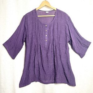 Lagenlook‎ Blouse Silk Cotton Blend M Purple Buttons 3/4 Sleeve